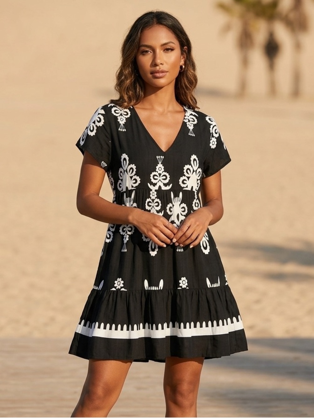 NWT Cupshe Black & White Floral Damask V-Neck Mini Dress / Cover-Up - Size XL